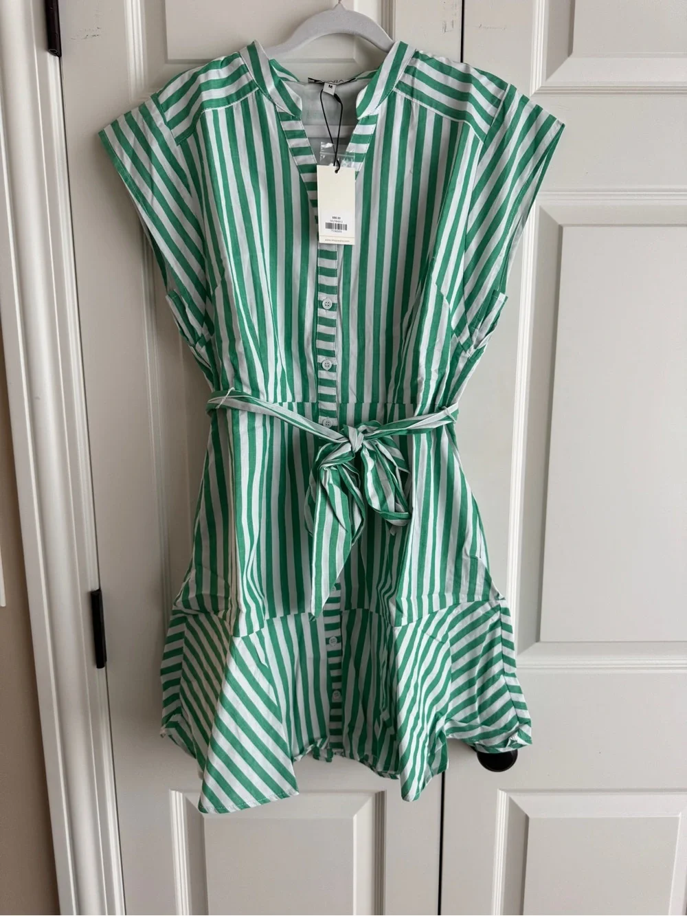 NWT Avara Erica Green Striped Button Front Belted Dress Size Medium - Picture 7 of 10